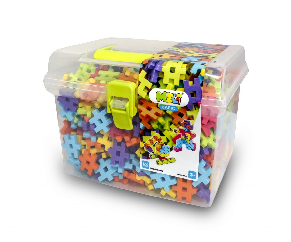 Caja portátil Meli Basic Constructor Travel Box 500 con piezas de construcción encajables de colores para crear figuras y estructuras de forma creativa en cualquier lugar.