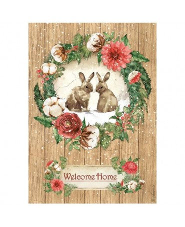 Papel arroz Stamperia A4 Romantic Home for the holidays bienvenidos a casa conejitos 1