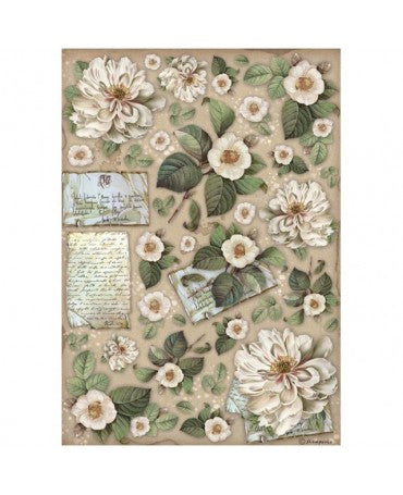 Papel arroz Stamperia A4 VINTAGE LIBRARY Flores y cartas 1