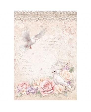 Papel arroz Stamperia A4 ROMANCE FOREVER DOVES 1