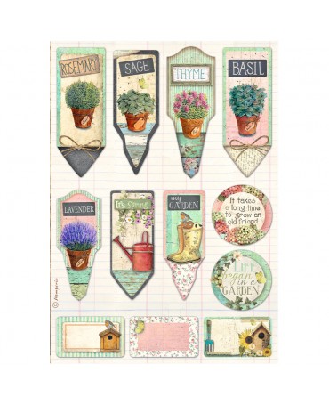 Papel arroz Stamperia A4 Garden TAGS AND LABELS 1