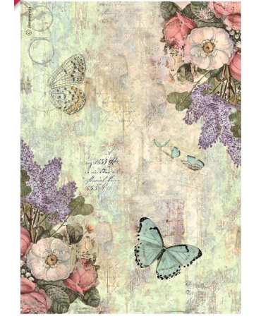 Papel arroz Stamperia A4 Wonderland flores y mariposas 1