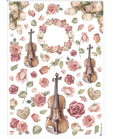 Papel arroz Stamperia A4 Violines y Rosas 1