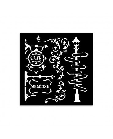 STENCIL Stamperia 12x12 cm ART OF TRAVELLING STEET LAMP AND SIGN 1