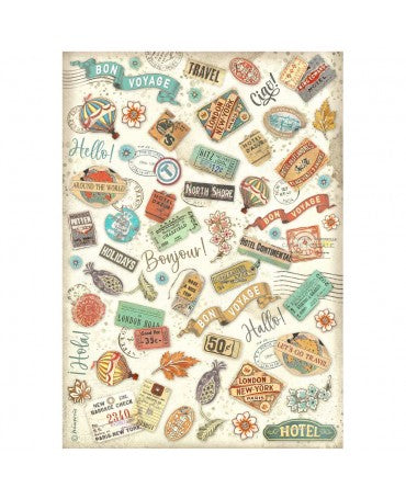 Papel arroz Stamperia A4 ART OF TRAVELLING LABELS 1