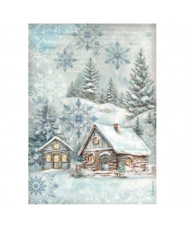 Papel arroz Stamperia A4 OWL´S HOUSE cabañas 1
