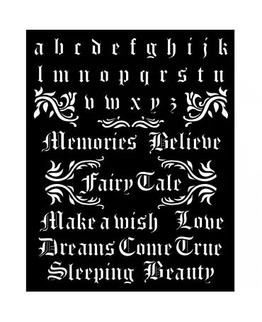 STENCIL Stamperia 20x25cm SLEEPING BEAUTY Alfabeto y Frases 1