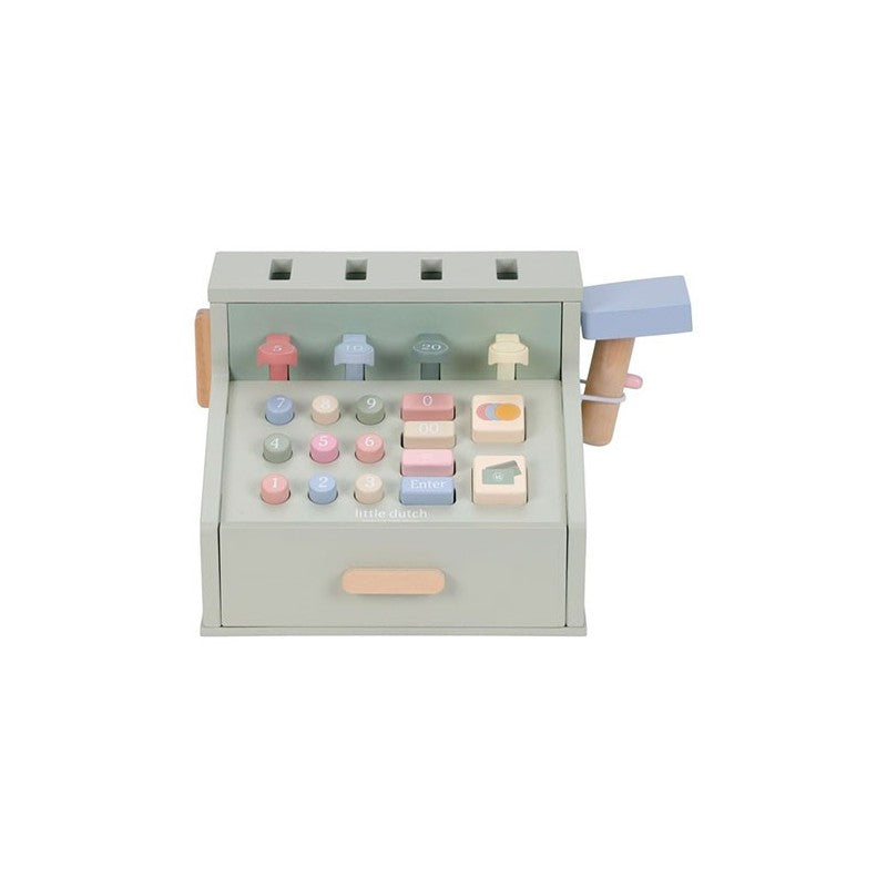 Caja registradora infantil de madera Little Dutch en tonos pastel con escáner de juguete, datáfono, tarjeta de crédito y cajón con monedas y billetes.