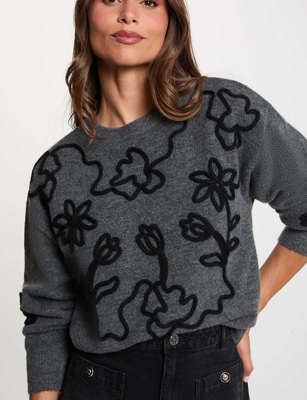 Jersey de cuello redondo fantasía gris oscuro morgan