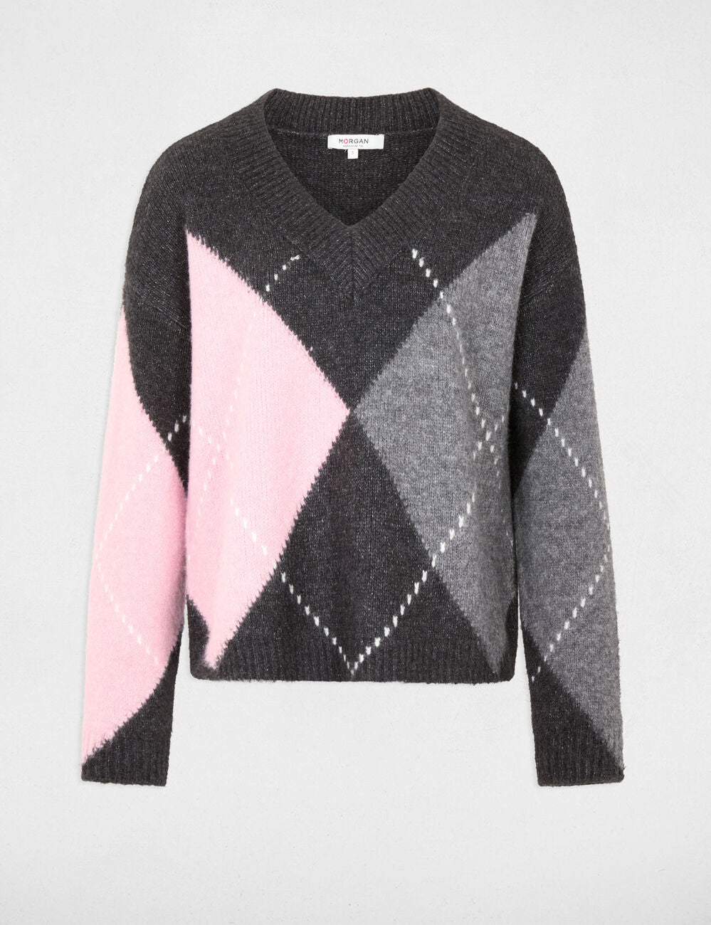 Jersey jacquard con cuello en v gris oscuro morgan