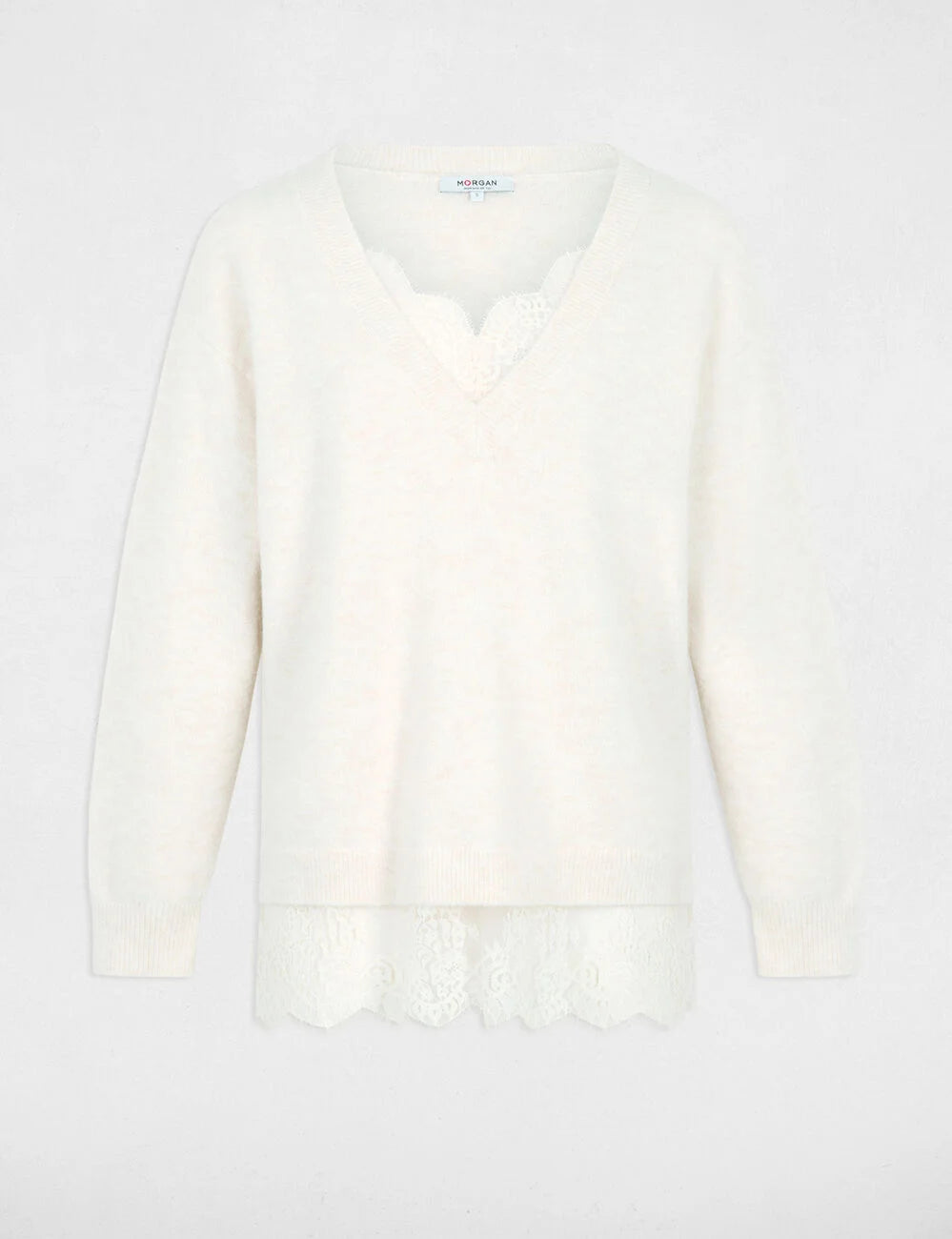 Jersey de cuello en V y mangas largas marfil morgan