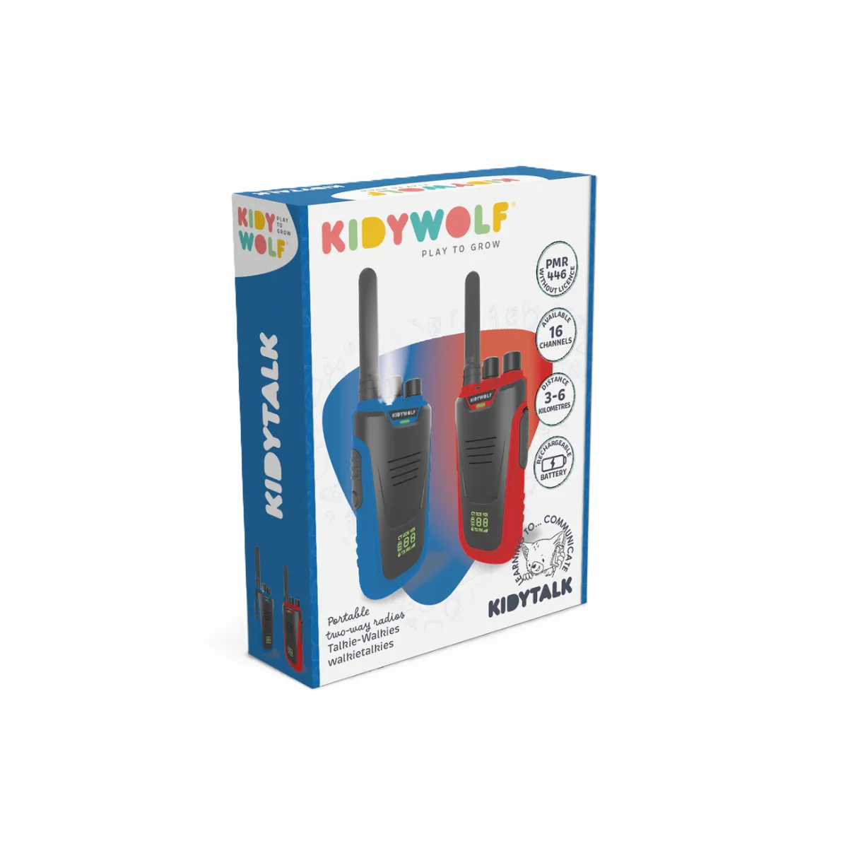 Walkie talkies infantiles de Kidywolf diseñados para que los niños se comuniquen durante juegos, aventuras y actividades al aire libre.