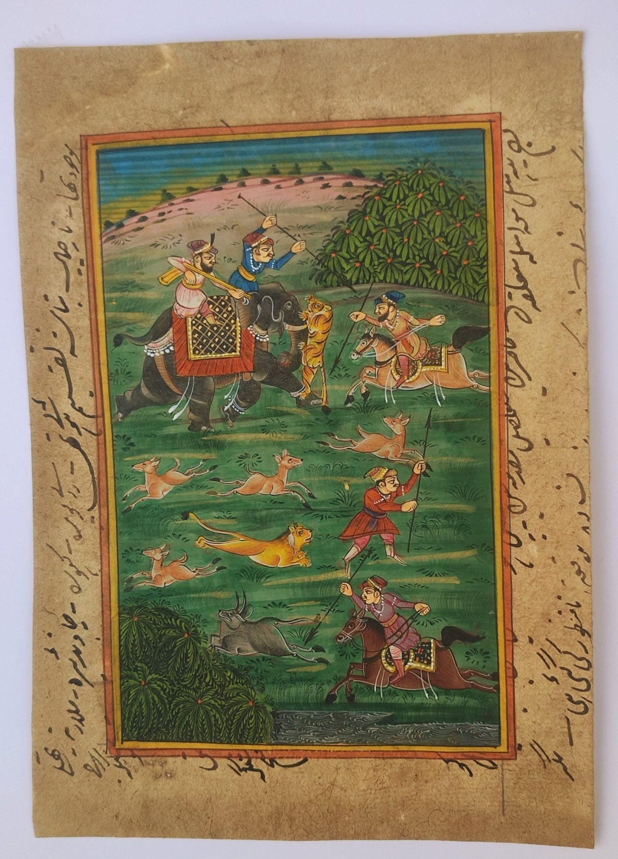 Lámina india pintada, escena de caza en elefante 2 - Dendago