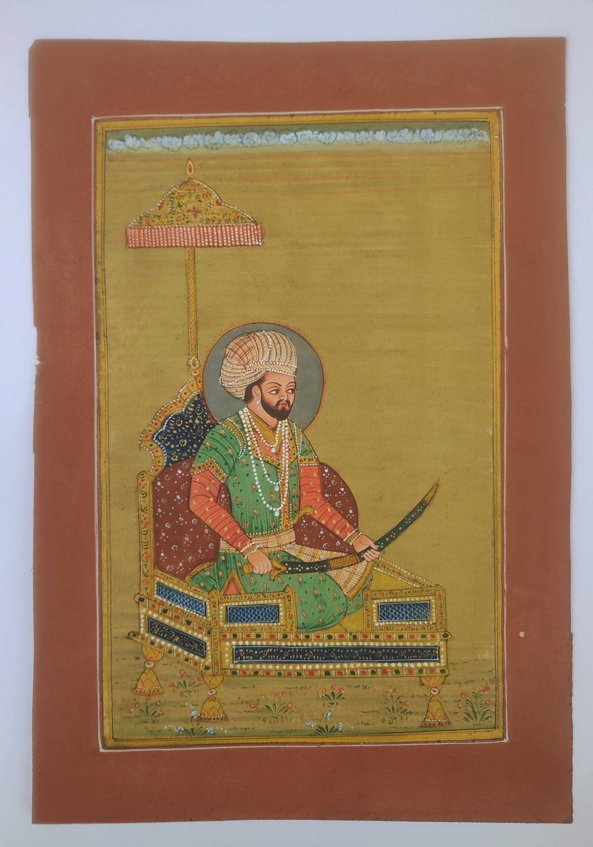Lámina india pintada, Maharaja de Rajastan sentado en trono - Dendago