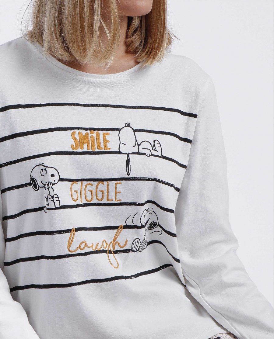 Pijama Manga Larga Smile Giggle Laugh para Mujer CRUDO - PEANUTS - Dendago