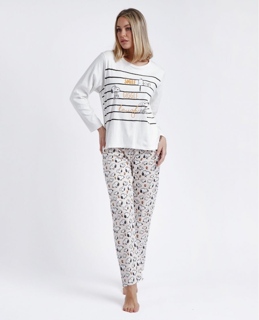 Pijama Manga Larga Smile Giggle Laugh para Mujer CRUDO - PEANUTS - Dendago