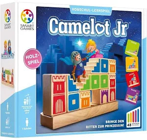 Juego de lógica Smart Games Camelot Jr con torres, puentes y piezas de madera para construir caminos y resolver retos de ingenio infantil, desarrollando la lógica y la planificación.