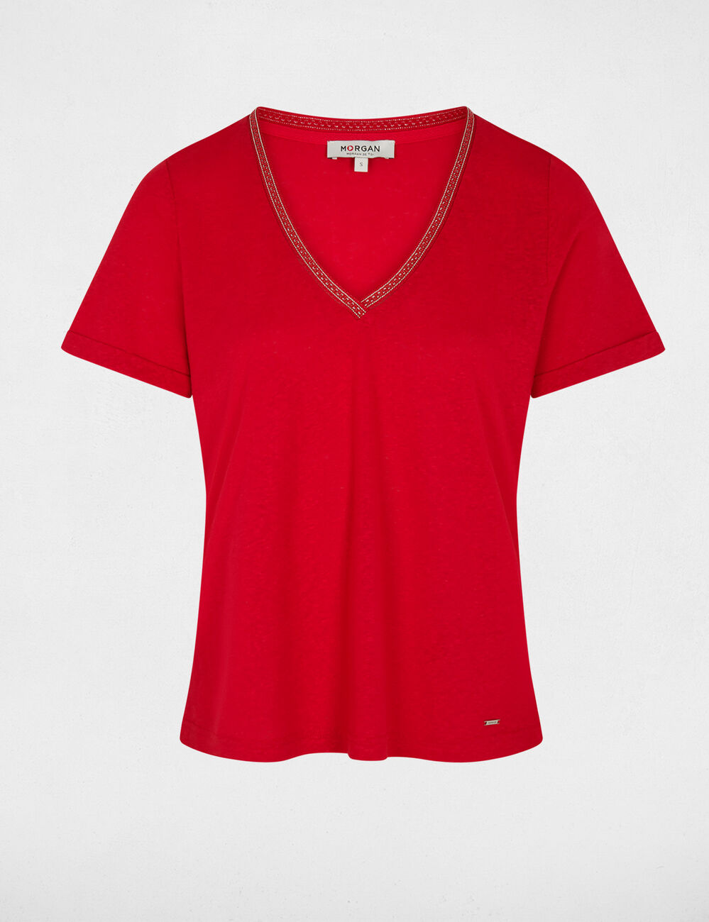Camiseta con cuello en v con perlas rojo Morgan