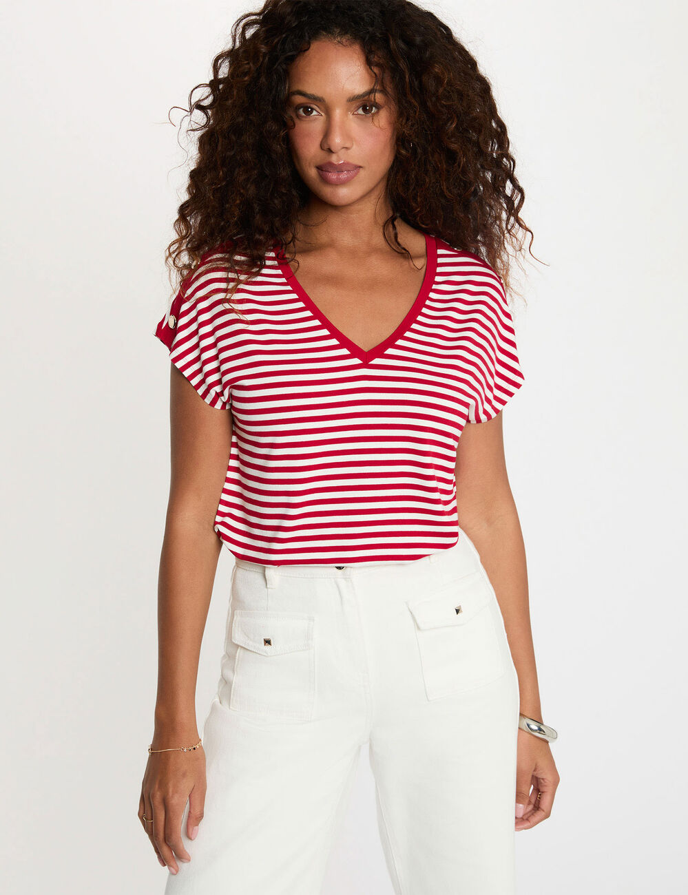 Camiseta de rayas con cuello v blanco Morgan