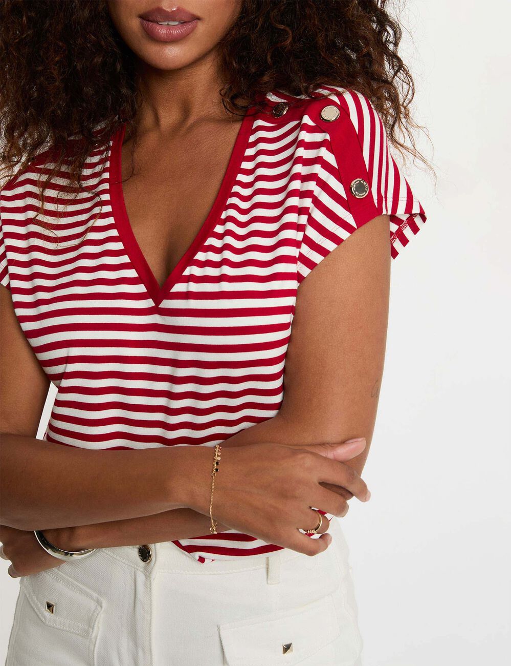 Camiseta de rayas con cuello v blanco Morgan