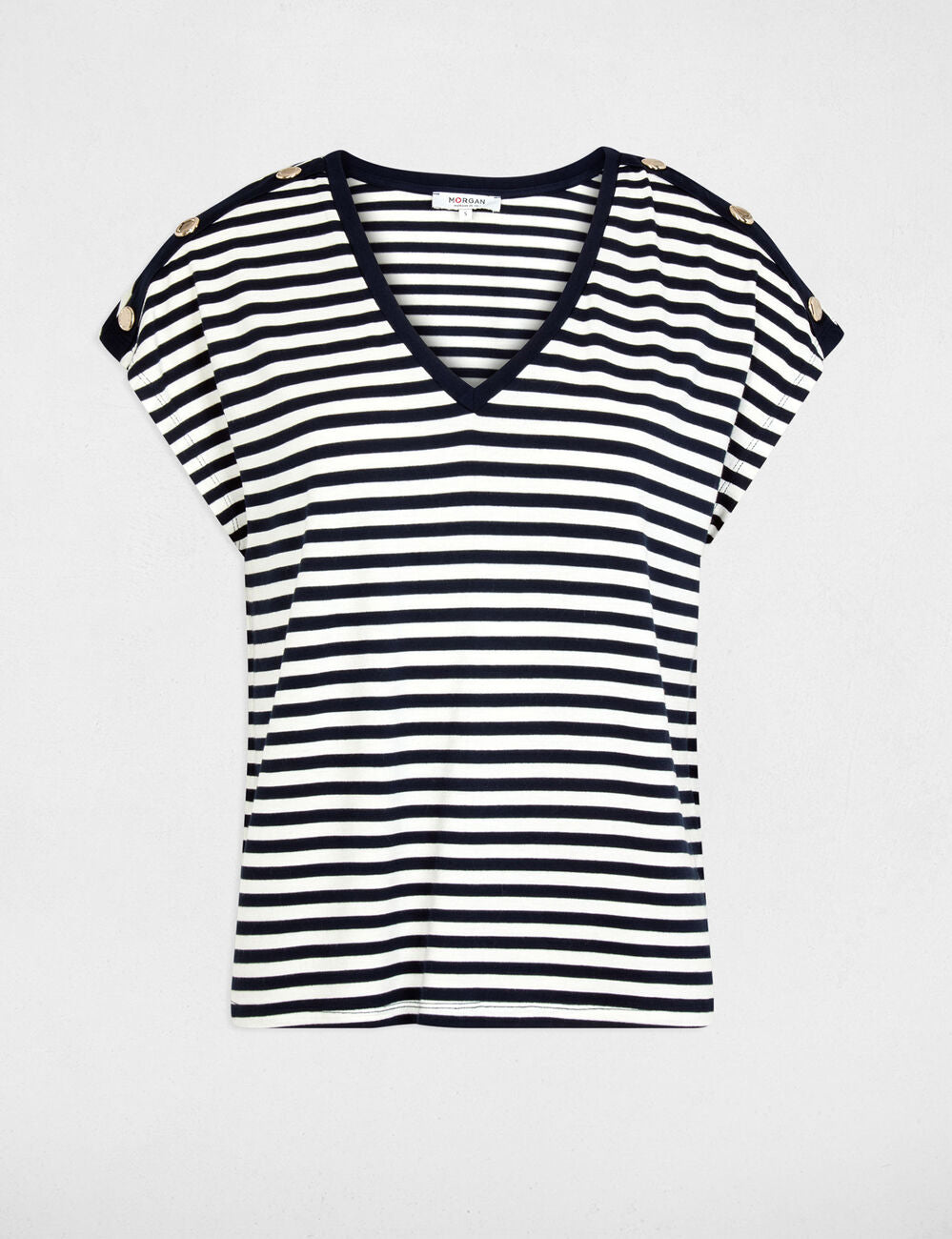 Camiseta de rayas con cuello v azul marino Morgan