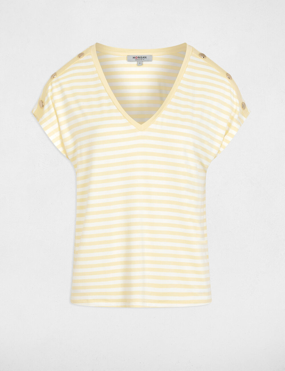 Camiseta de rayas con cuello v amarillo pastel Morgan