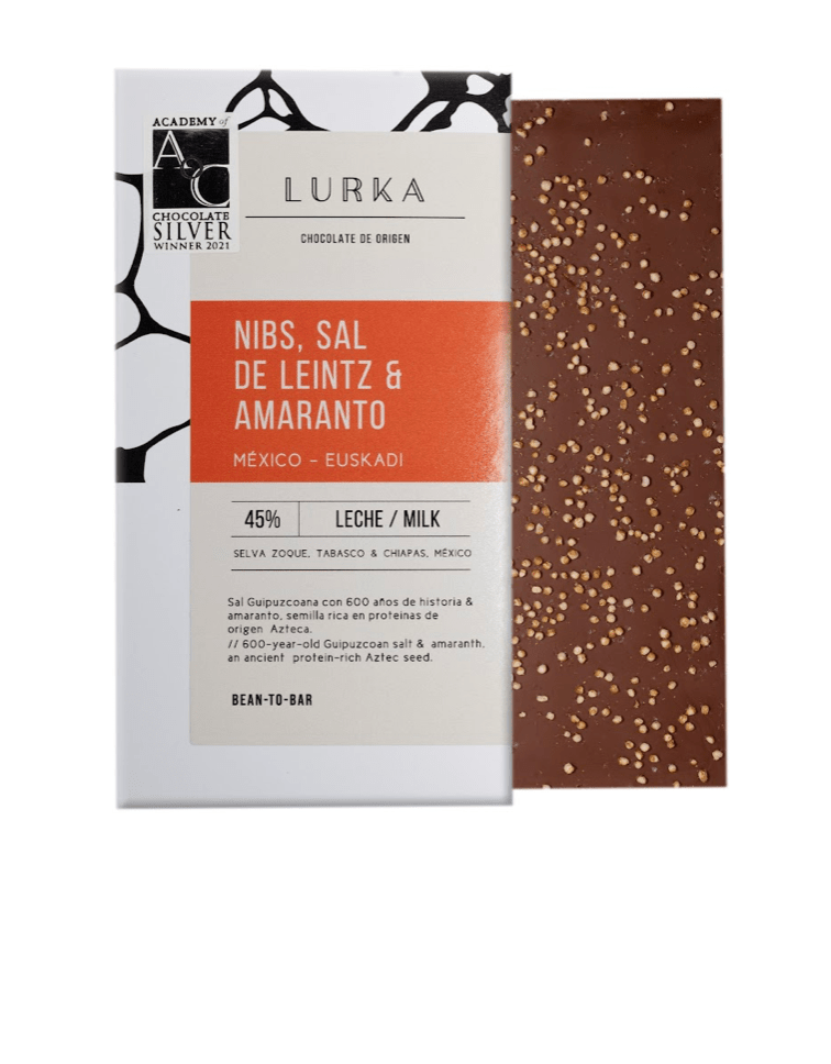 Tableta Lurka, chocolate con leche, amaranto, nibs & sal de Leintz - Dendago