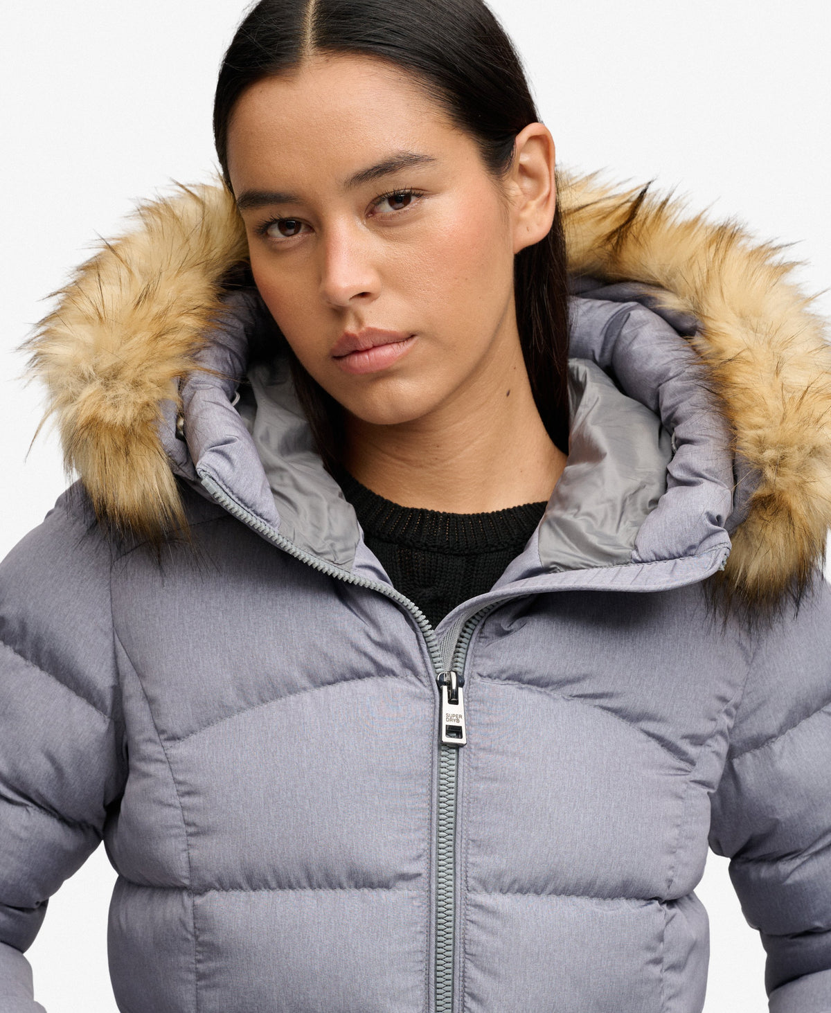 Abrigo Fuji de media longitud con capucha y piel sintética gris Superdry&Co