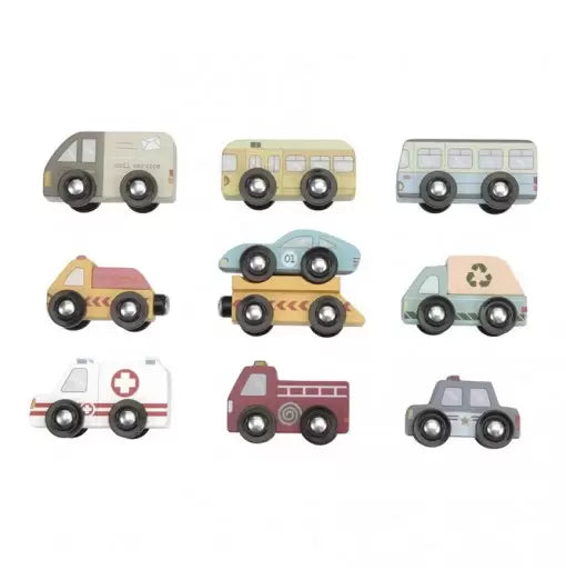 Set de coches de juguete de madera Little Dutch en colores pastel, que incluye ambulancia, coche de policía, autobús y camiones de servicio compatibles con vías.