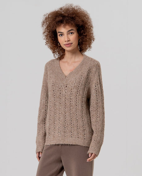 Jersey escote picoc con lentejuelas Beige Surkana