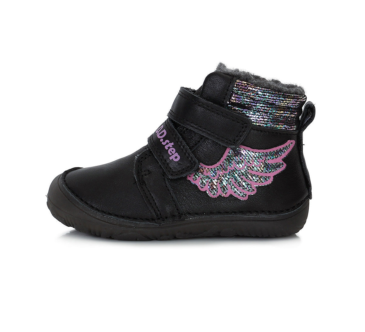 Bota respetuosa con suela fluorescente y borreguito en negro con detalles en Plata/Rosa 1