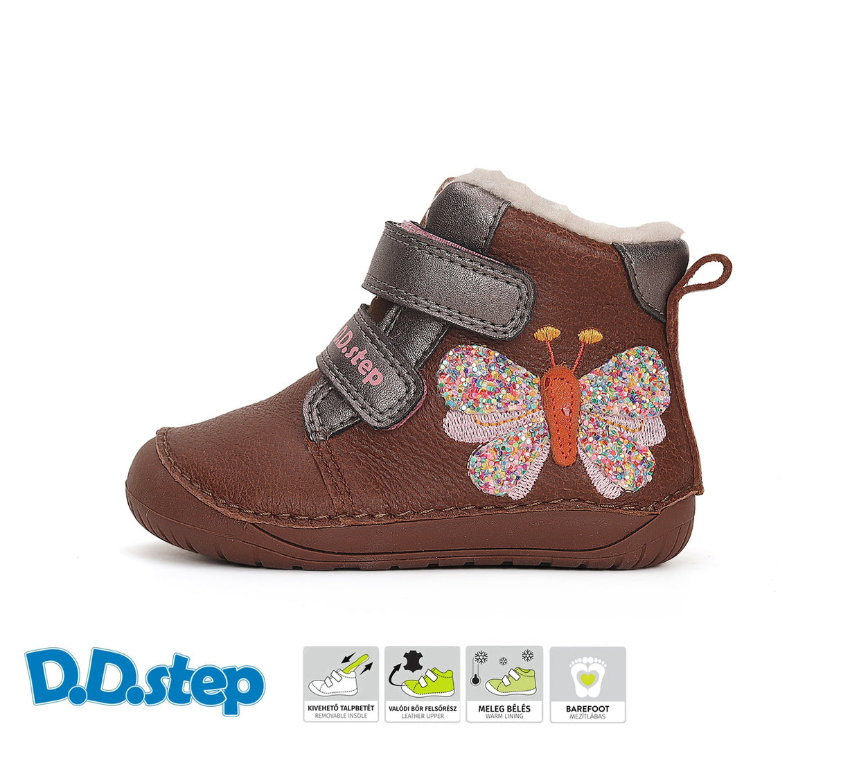 Bota respetuosa repelente al agua con borreguito color Chocolate con Mariposa 1