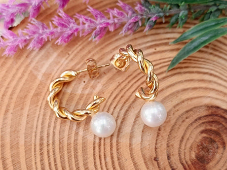 Pendientes aro acero dorado perla 1