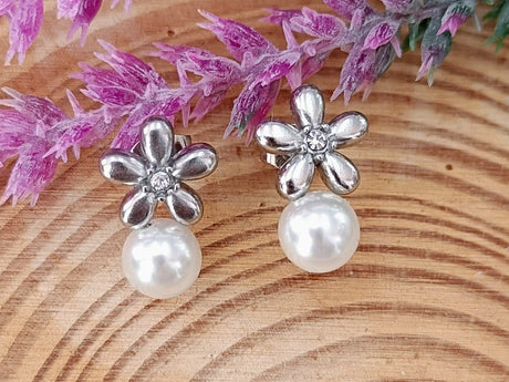 Pendientes acero perla flor 1