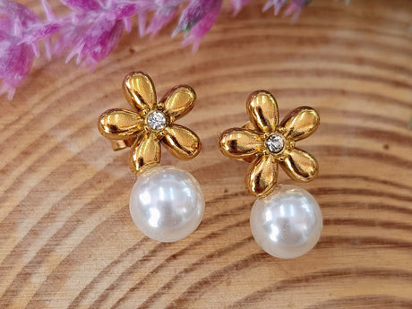 Pendientes acero perla flor 2