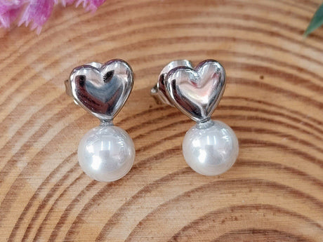 Pendientes corazón acero y perla 1