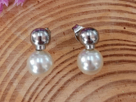 Pendientes bola acero y perla 1