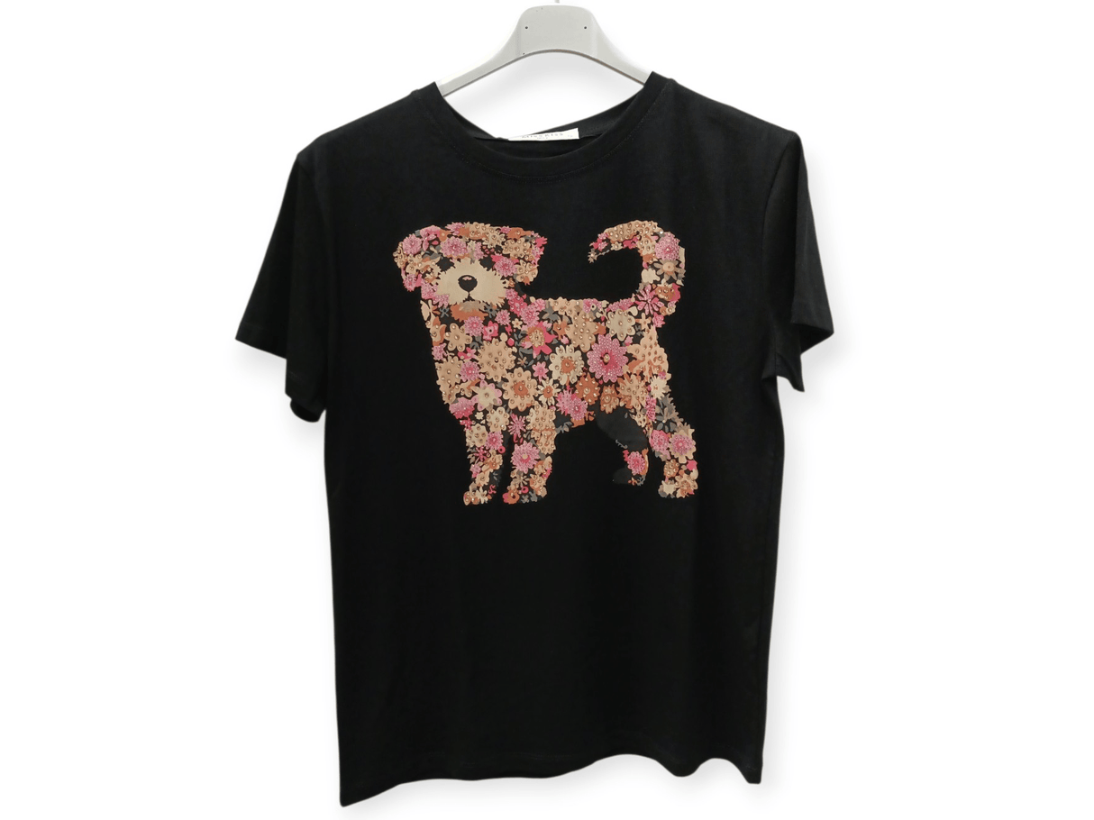 Camiseta negra perrito de flores 1