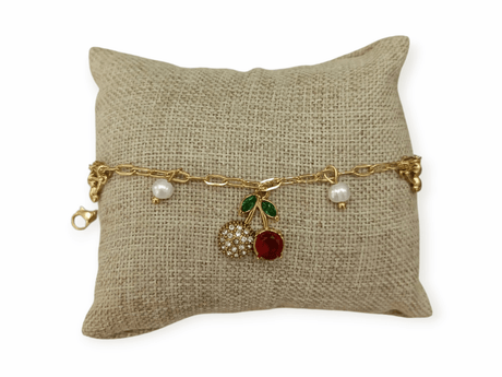 Pulsera cerezas brillantes y perlas acero 1