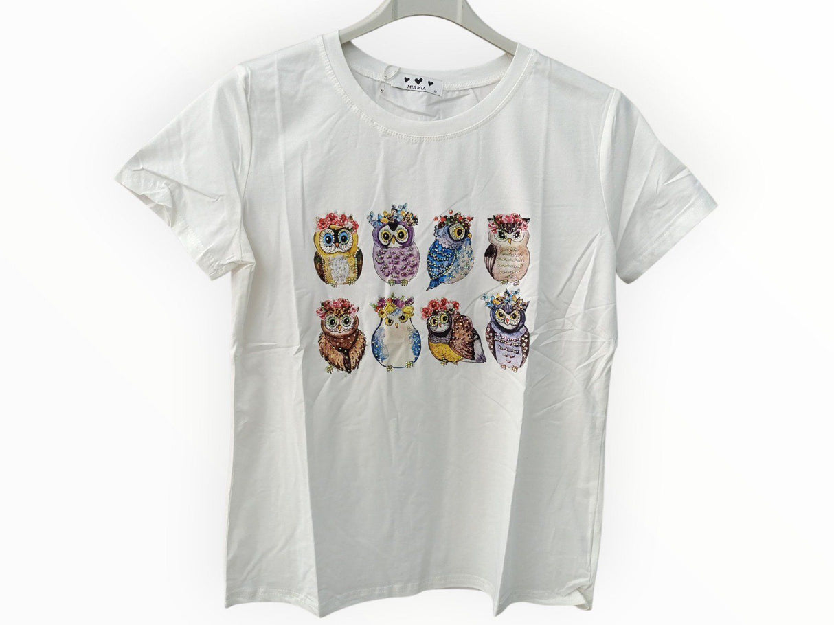Camiseta búhos de la suerte con colores y brillos 1