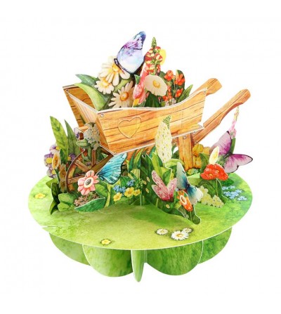 TARJETA 3D,POSTAL PIROUETTES CARRETILLA FLORES 1