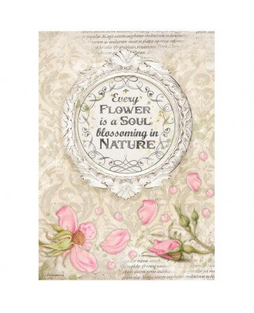 Papel arroz Stamperia A4 ROMANTIC GARDEN HOUSE Marco con Frase 1