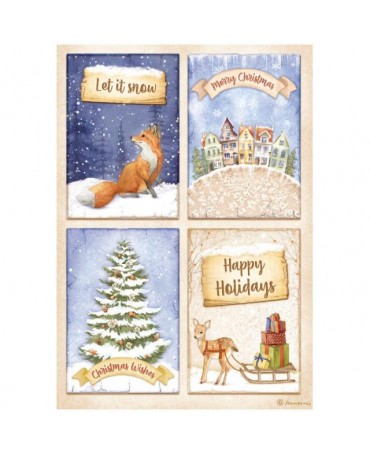 Papel arroz Stamperia A4 Winter Valley 4 tarjetas zorro 1