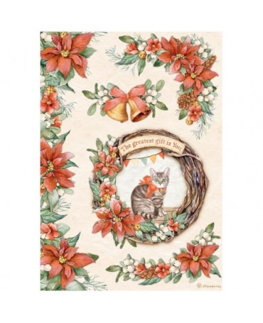 Papel arroz Stamperia A4 All Around Christmas Guirnalda navideña con gato 1