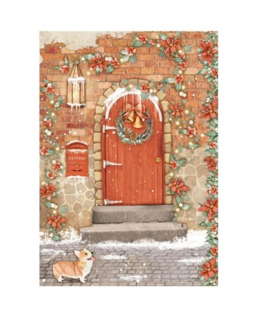 Papel arroz Stamperia A4 All Around Christmas puerta roja 1