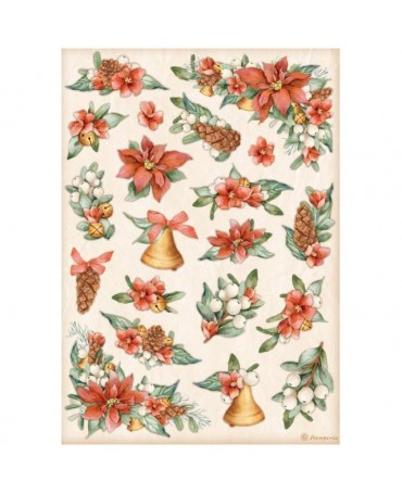 Papel arroz Stamperia A4 All Around Christmas flor de pascua y campanas 1