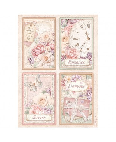 Papel arroz Stamperia A4 ROMANCE FOREVER 4 CARDS 1