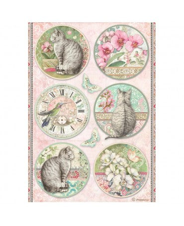 Papel arroz Stamperia A4 Orchids and Cats 6 circulos 1