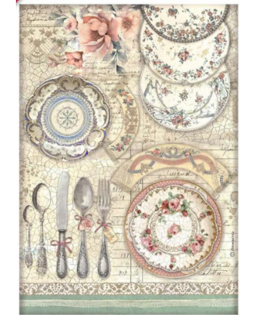 Papel arroz Stamperia A4 Brocante Antiques platos de cerámica 1