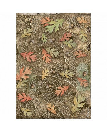 Papel arroz Stamperia A4 Forest bellotas y hojas 1